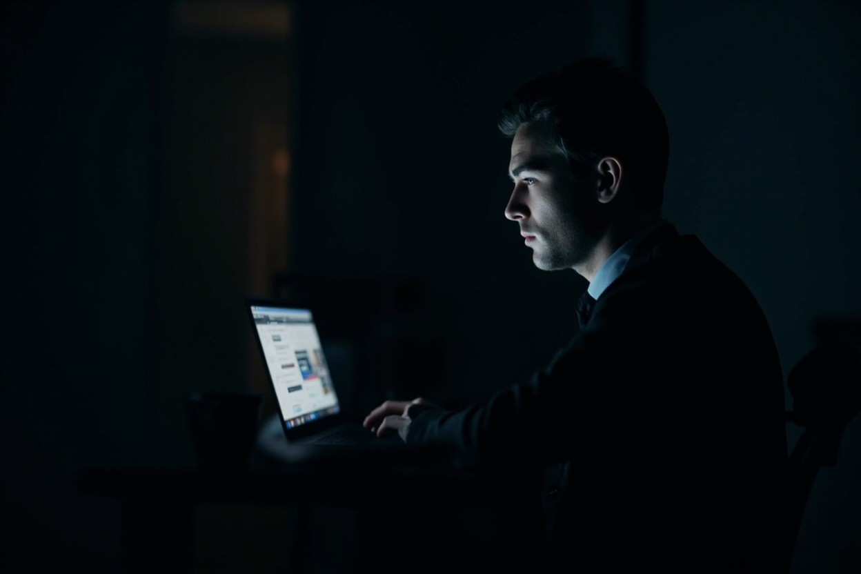 A person at a laptop in a dark room, their face lit by the screen
