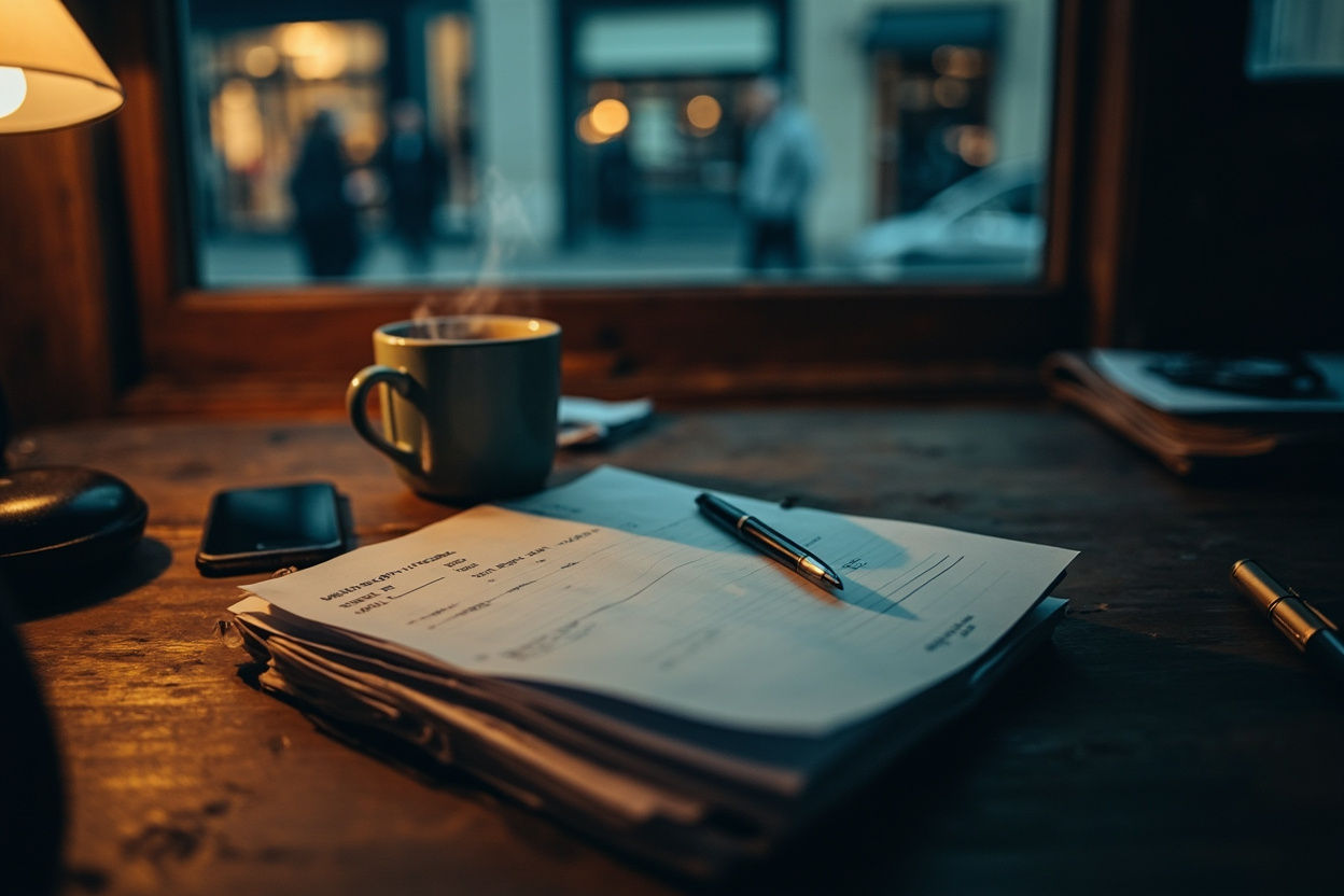 A stack of paper invoices and a worn ledger on a wooden desk at dusk, with a pen, a mug of tea and a phone, and a blurred shopfront through the window behind