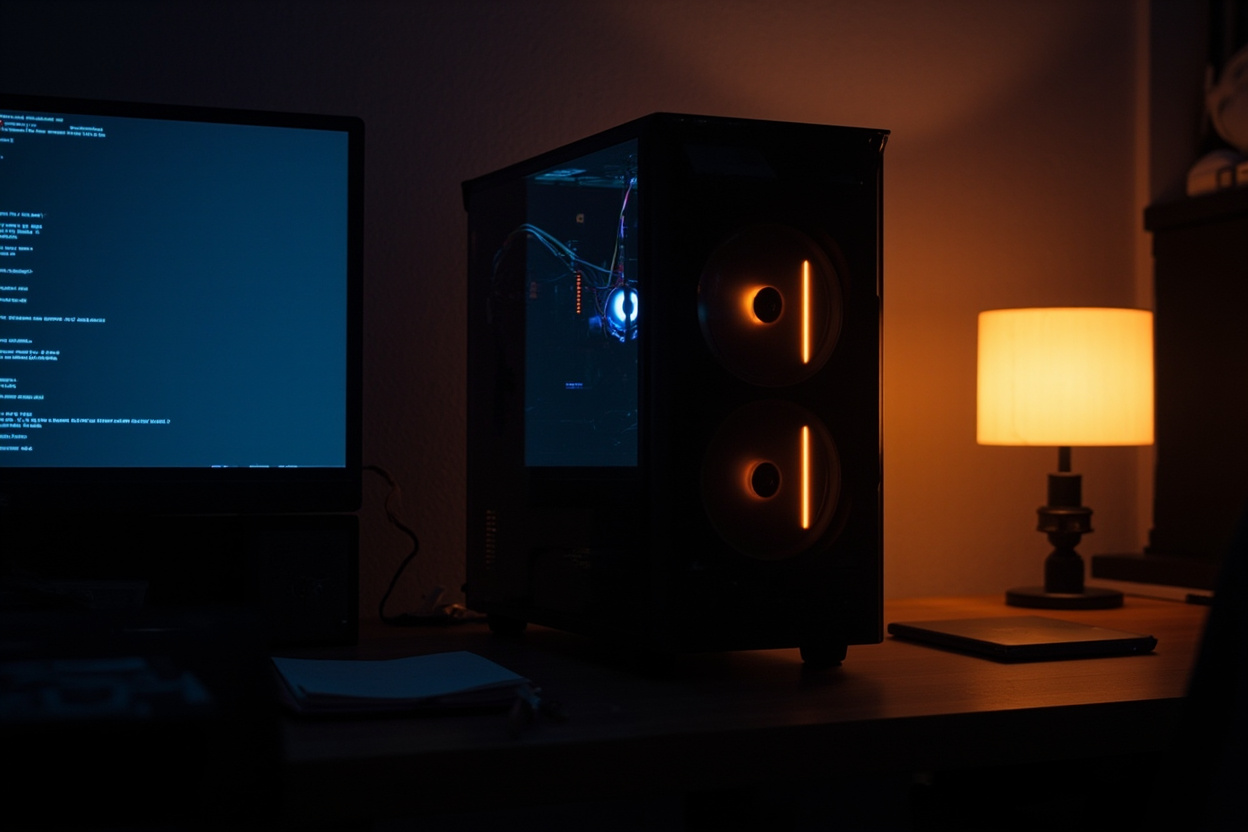 The real cost of AI: a workstation on a desk, lit by monitor and desk lamp